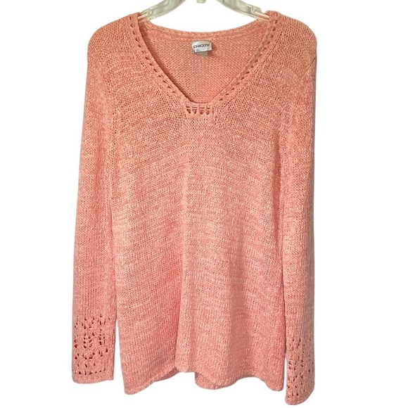 CHICO'S Women's size 2 (Large) Knit sweater Crochet Detail V-Neck Long Sleeve - Picture 1 of 6